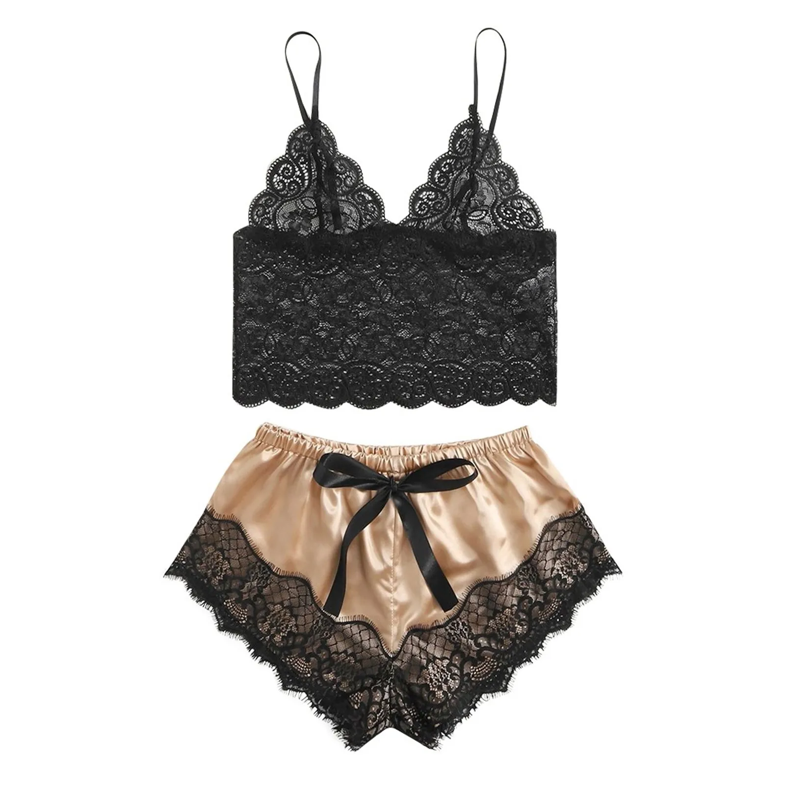 

Spring and summer ladies sexy polyester new satin solid color shorts + black lace suspender pajamas sexy suit F